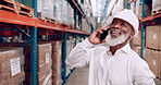 Engineer, phone call and man in warehouse for logistics, distribution or stock. African manager, factory and mobile for conversation of shipping inventory, storage or happy mature supervisor laughing