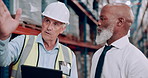 Warehouse, tablet and men with distribution, planning and colleagues with inspection of product for delivery and supply chain Checklist, stock and employees with conversation and logistics with tech