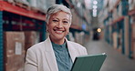 Tablet, logistics and senior woman in warehouse checking information for order, stock or boxes. Smile, research and portrait of mature female industry worker with digital technology in storage room.