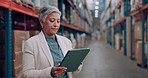 Tablet, logistics and woman reading in warehouse checking information for order, stock or boxes. Factory, research and senior female industry worker with digital technology in shipping storage room.