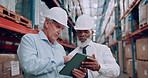 Warehouse, tablet and men with teamwork, planning or colleagues with inspection of product for delivery for supply chain Coworkers, courier or employees with distribution or logistics with technology