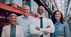 Business people, group and arms crossed in shipping warehouse with face, leader and pride with diversity. Men, women and teamwork with senior CEO for storage, supply chain and distribution at plant