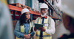 Senior man, woman and tablet in factory for planning or digital inventory, stock management and updates. Ceo, lady and warehouse with technology for product information or inspection and distribution