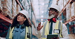 Man, woman and tablet in warehouse for storage or digital inventory, stock management and updates. Senior male, lady and factory with technology for product information or inspection and distribution