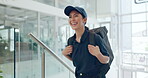 Backpack, courier and delivery to woman in workplace, smile and greeting to office manager. Happy, employee and female person with parcel to give secretary for service of career in transport of goods