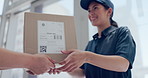 Hands, woman and delivery of box, smile and ecommerce, distribution and online shopping. Courier, happy and giving person package for shipping service, cargo and order of customer closeup in office