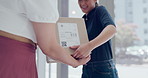 Hands, woman and sign for delivery of box for ecommerce, distribution and online shopping. Courier, package and signature of person with document on clipboard for shipping service of customer closeup