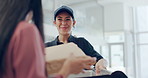 Woman, courier and bag with parcel, box and cargo for online shopping or retail. Customer, delivery woman and shipping with logistics, ecommerce and supply chain for business with technology for work