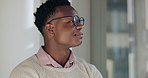 Thinking, office and business black man with glasses with ideas, problem solving and brainstorming. Professional, consultant and thoughtful worker for career, job and working in modern building