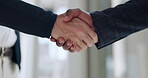 Handshake, agreement and business people hands with teamwork, success and networking in office. B2b, deal and professional employee with thank you, greeting and recruitment for onboarding at company