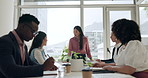 Presentation, meeting and Asian woman with business people in office for planning, project and discussion. Creative agency, teamwork and men and women for feedback, finance review and collaboration