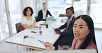 Presenter, meeting and business woman with startup coaching, presentation and collaboration at company. Training, discussion and Asian employee with communication for public relations project