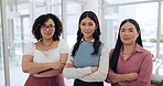 Teamwork, crossed arms and business women in office for collaboration, partnership and empowerment. Creative agency, professional and female workers with confidence, pride and positive for career