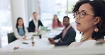 Presenter, meeting and business woman with strategy coaching, presentation and collaboration at company. Training, discussion and team with communication for public relations agency and project