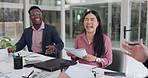 Happy, business people and laughing with documents in meeting for funny discussion or joke at office. Group of employees with smile for fun humor, comedy or conversation in boardroom at the workplace