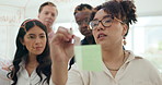 Business, planning and writing teamwork on glass board for brainstorming, solution or problem solving in office. Staff, workshop and woman with strategy for agenda on wall with notes in workplace