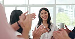 Business people, woman and applause with welcome support for onboarding, partnership and happiness with thank you. Group, teamwork and employees with celebration for diversity, success and promotion 