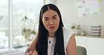 Meeting, virtual and face of business woman in office with discussion, communication or talking. Video call, speaking and professional Asian financial advisor on virtual conversation in workplace.