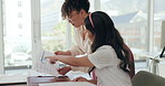 Documents, discussion and business women with chart working on project planning, paperwork or teamwork. Collaboration, creative agency and workers in meeting for proposal, report and review in office