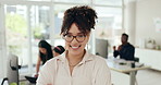 Face, business and woman with arms crossed, smile and professional with journalist and teamwork. Portrait, person and employee with glasses and editor for a daily magazine and startup with confidence