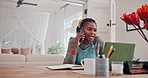 Remote work from home, phone call and woman with laptop, communication and internet. African person, freelancer and copywriting with smartphone, app or planning with deadline, business and connection