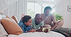 Bedroom, home and black family with cellphone, selfie and internet with social media or connection. Bed, parents or mother with father or child with smartphone, relax or digital app with kid or smile