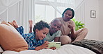 Bedroom, selfie and black family with smartphone, happy and internet with connection and digital app. Home, parents and mother with father and child with cellphone and social media with kid and smile