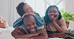 Dad, mom and kid with face on bed for smile, bonding or love in morning for connection in Kenya. Father, mother and child with laugh for portrait with care, happy or wake up in bedroom at family home