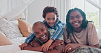 Dad, mother and kid with face on bed for smile, bonding and love in morning for connection in Kenya. Father, mom and child with laugh for portrait with care, excited and wake up in black family home