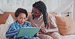 Tablet, happy and mother with child on bed networking on social media, app or internet. Smile, bonding and African mom with kid in bedroom scroll online with digital technology together at home.