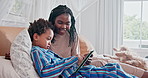 Tablet, bonding and mother with child on bed networking on social media, app or internet. Happy, relax and African mom with kid in bedroom scroll online with digital technology together at home.