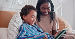 Tablet, laughing and mother with child on bed networking on social media, app or internet. Happy, bonding and African mom with kid in bedroom scroll online with digital technology together at home.