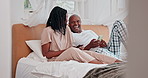 Couple, online and laughing on phone in bedroom for social media meme, internet joke and streaming in home. African man, woman and happy with smartphone for comic post, mobile app or relax in morning