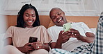 Couple, internet and laughing on phone in bedroom for social media meme, online joke and streaming in home. African man, woman and happy with smartphone for comic post, mobile app or relax in morning