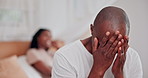 Man, woman and bedroom for debt, problem or crisis as emotional, talk and conflict for mental health. Couple, stressed or exhausted for mistake, worry or failure to disagree in marriage conversation