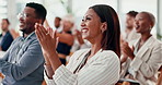 Applause, conference and business people in office for meeting or company training with team. Seminar, diversity and professional audience with clapping hands at corporate convention in workplace.