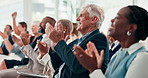 Applause, tradeshow and business people in office for meeting or company training with team. Seminar, diversity and professional staff audience clapping hands at corporate convention in workplace.