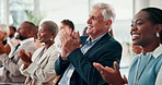 Clapping hands, seminar and business people in office for team meeting or company training. Trade show, diversity and professional staff audience with applause at corporate convention in workplace.