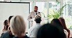 Business man, podium and presentation at seminar, convention and speaking or taking in office. Black male person, speech and explaining company vision to employees, coaching and training crowd