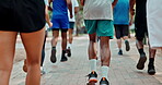 Group, legs and running for cardio, fitness and wellness in park for urban marathon club in Brazil. Diversity, people and sneakers for lose weight, health and workout in exercise, training and sport