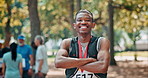 Face, happy man and confidence of runner outdoor for marathon, exercise or fitness in South Africa. Portrait, arms crossed and smile of athlete at park for healthy body, wellness or sports in nature