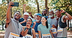 Group of people, sign or smile for selfie of success or achievement in fitness, exercise or marathon. Excited, runners, or fist pump to celebrate, victory and competition in park run in South Africa