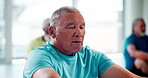 Senior man, yoga and exercise in class, breath work and zen  for retired male person. Holistic wellness, mediation or mindfulness for elderly health, spirituality or pilates for stress or fitness  
