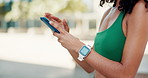 Phone, scroll or hands of fitness woman in city with online map, guide or check running route for training closeup. Smartphone, google it or lady runner on smartwatch app, steps or tracking progress