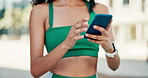 Search, phone or hands of fitness woman in city with online map, guide or checking running route for training closeup. Smartphone, google it or lady runner with app for travel, navigation or workout