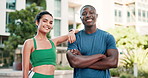 Face, city and couple with fitness, exercise and workout with support and achievement in New York. Portrait, black man and woman with urban town and healthy with wellness and training with workout