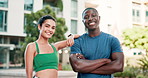 Face, city and couple with workout, exercise and smile with support and challenge in New York. Portrait, man and woman with urban town and healthy with wellness and interracial with training or happy