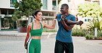 Face, city and couple with exercise, stretching and workout with support and smile in New York. Portrait, man and woman with urban town and healthy with wellness and training with fitness goals