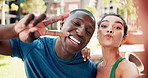 Fitness, selfie or couple in city with peace hands, love or energy, smile or emoji for photography. Profile picture, face and sports influencer people outdoor with content creation for health blog