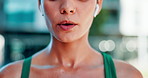 Woman, runner and closeup for breathing in city with earphones for music in training, health or fitness. Girl, person and outdoor in street for workout, exercise or listen with streaming for wellness